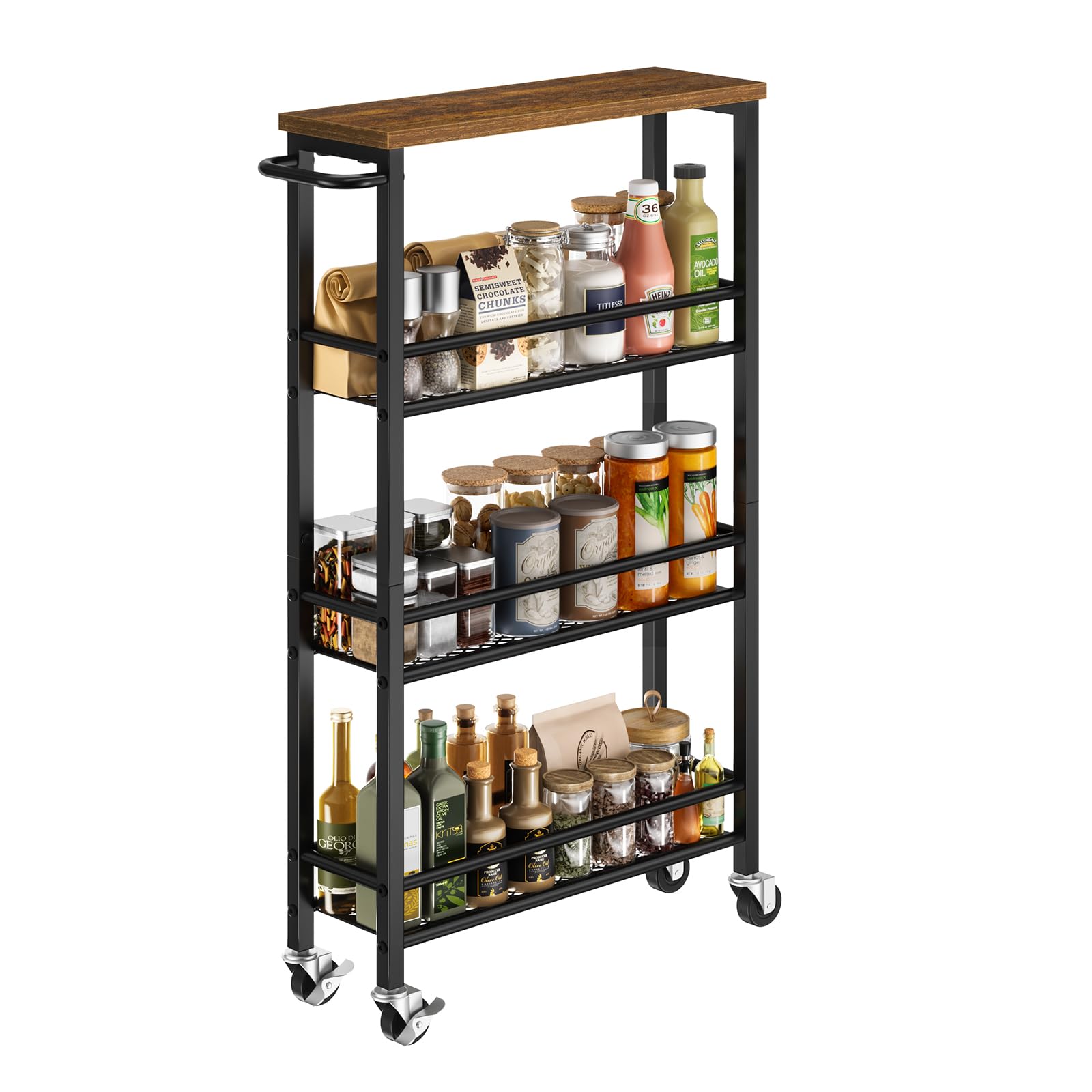Pipishell slim storage cart with wood top fits narrow spaces for organized kitchen storage.