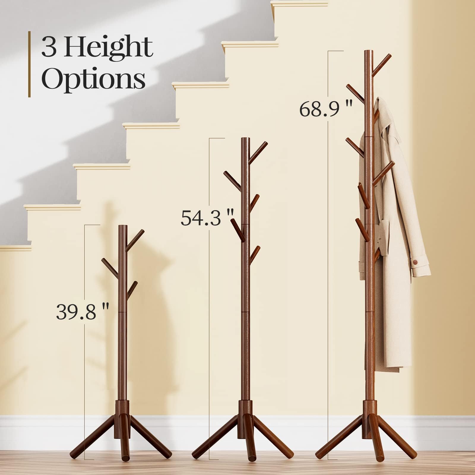 Pipishell sturdy wooden coat tree sitting on a wide triangular base for stability.