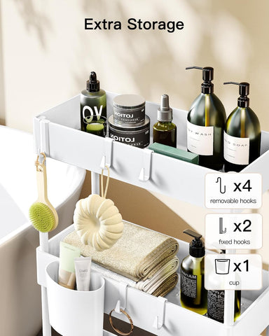 Pipishell cart in bathroom storing toiletries and cosmetics.