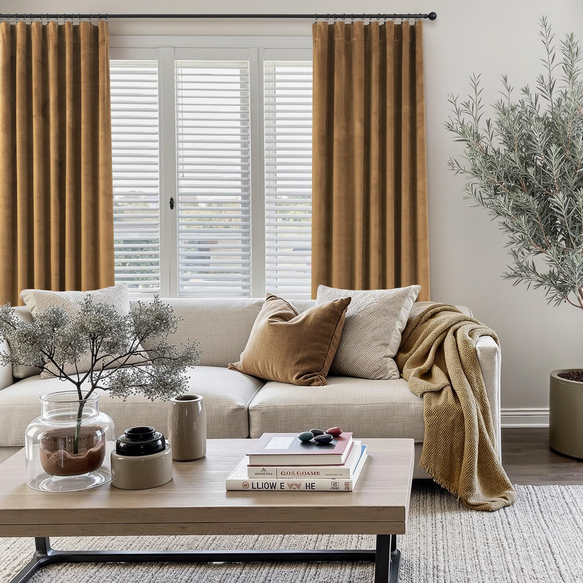 Pitalk royal gold-brown velvet fabric adds luxury and warmth to a living room.