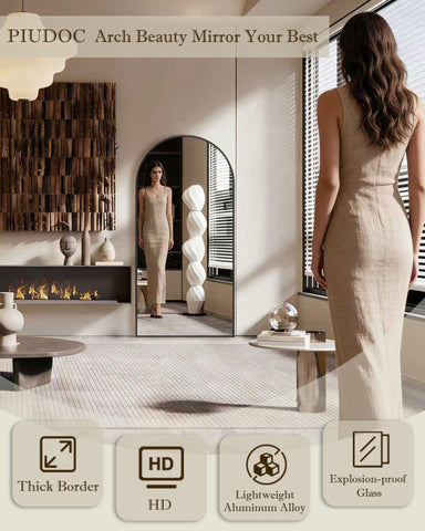 PIUDOC floor-standing arch mirror blends lightweight aluminum with sturdy support.