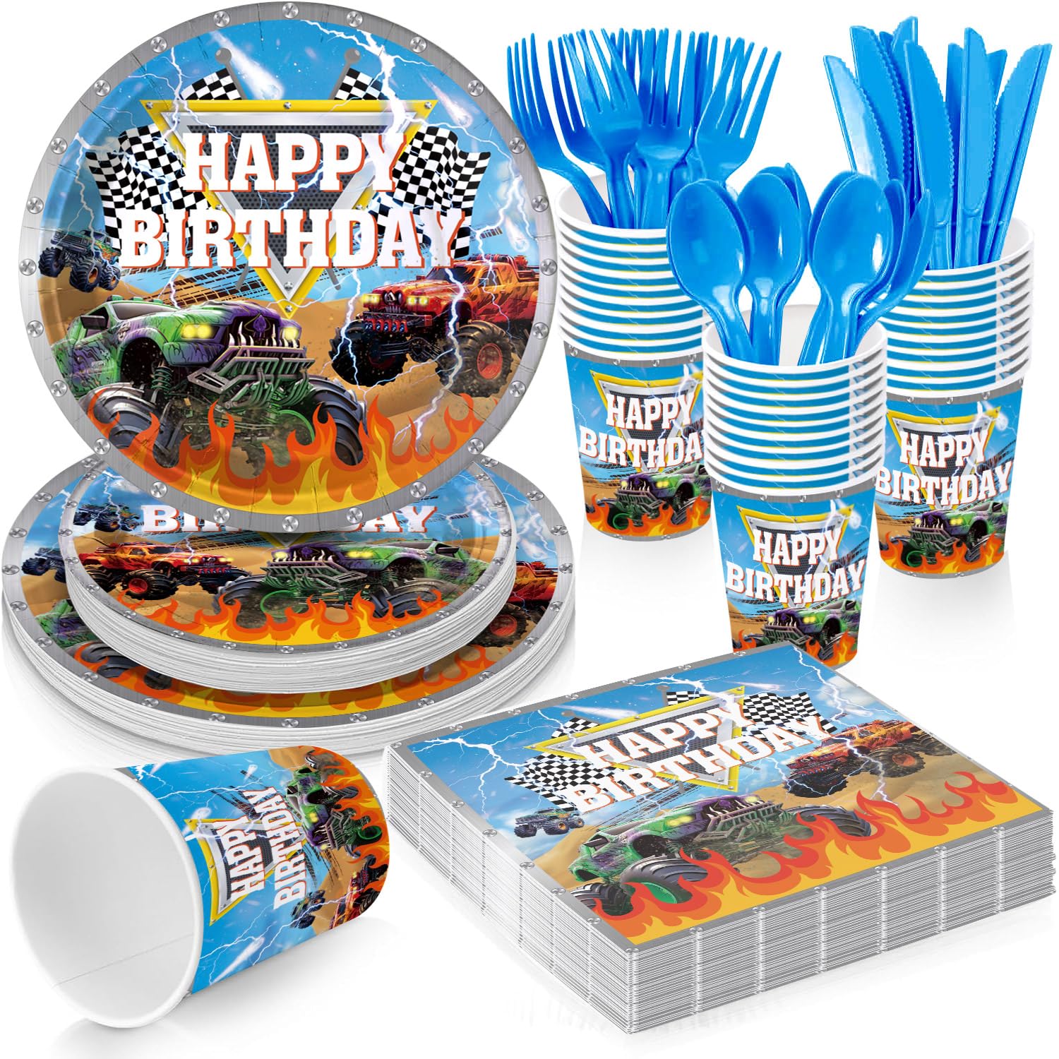 PIXEL PLUNGE Monster Truck dinner plates with bold wheels for a high-energy birthday vibe.