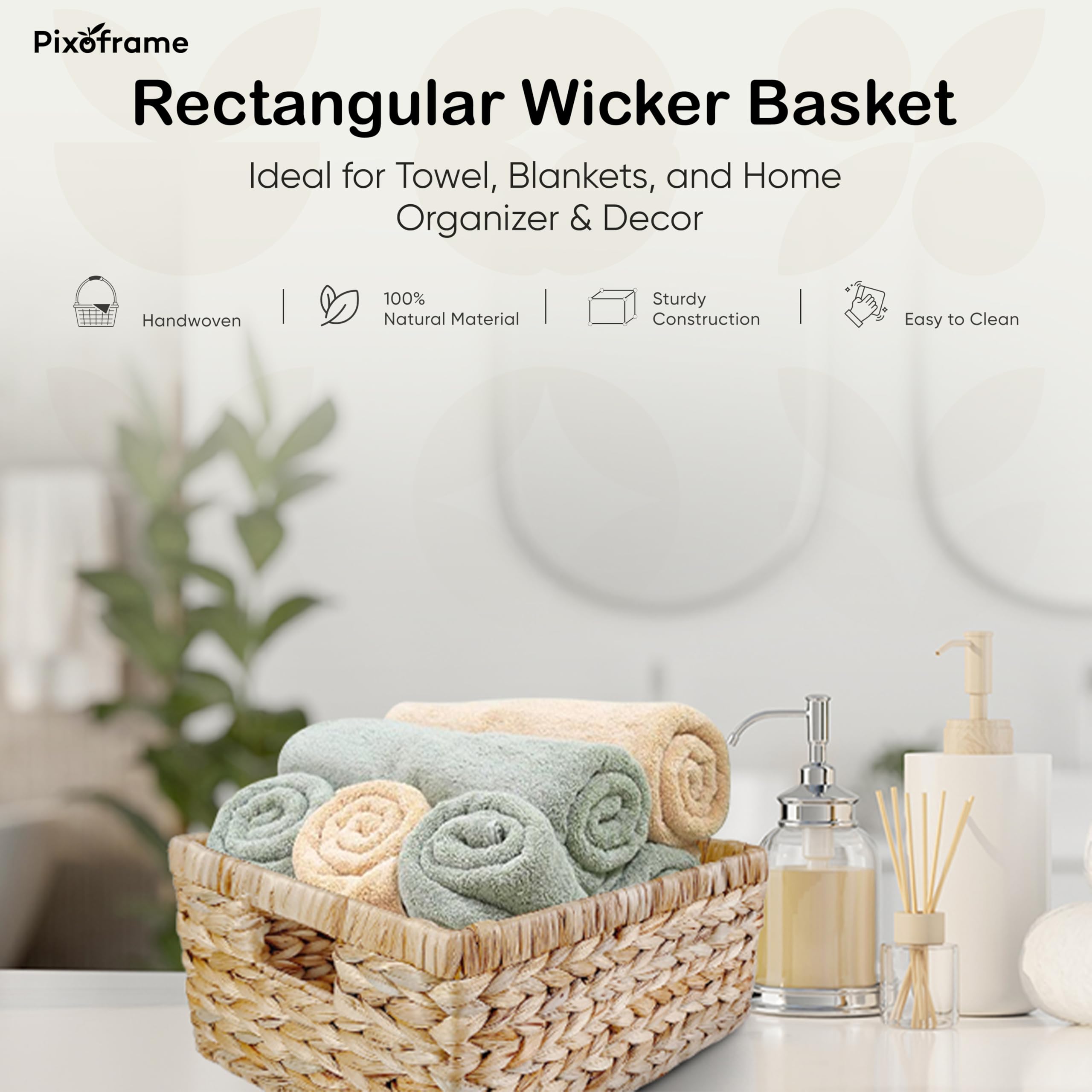 Pixoframe natural water hyacinth basket on sturdy iron frame for durability.