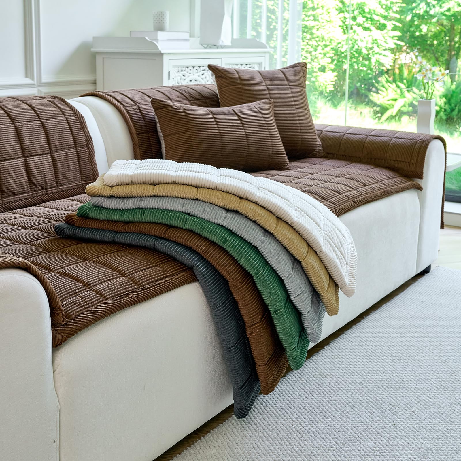 PJLZJFBY soft corduroy fabric couch cover with velvety touch for cozy lounging.