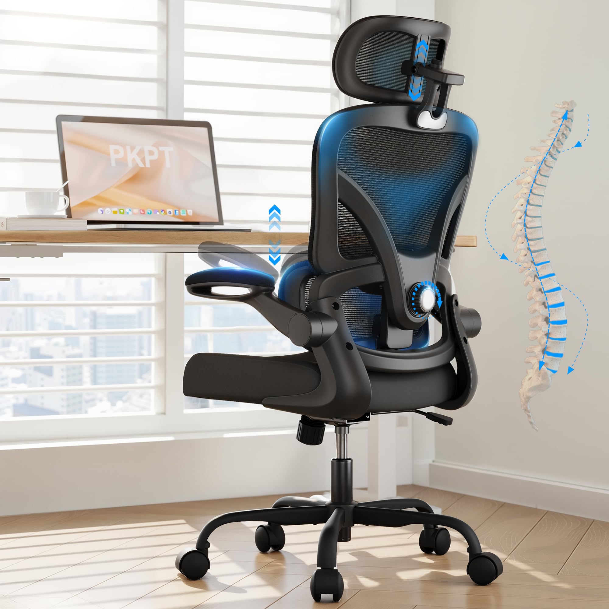 PKPT ergonomic office chair with mesh backrest promotes cool, breathable comfort during long work sessions.