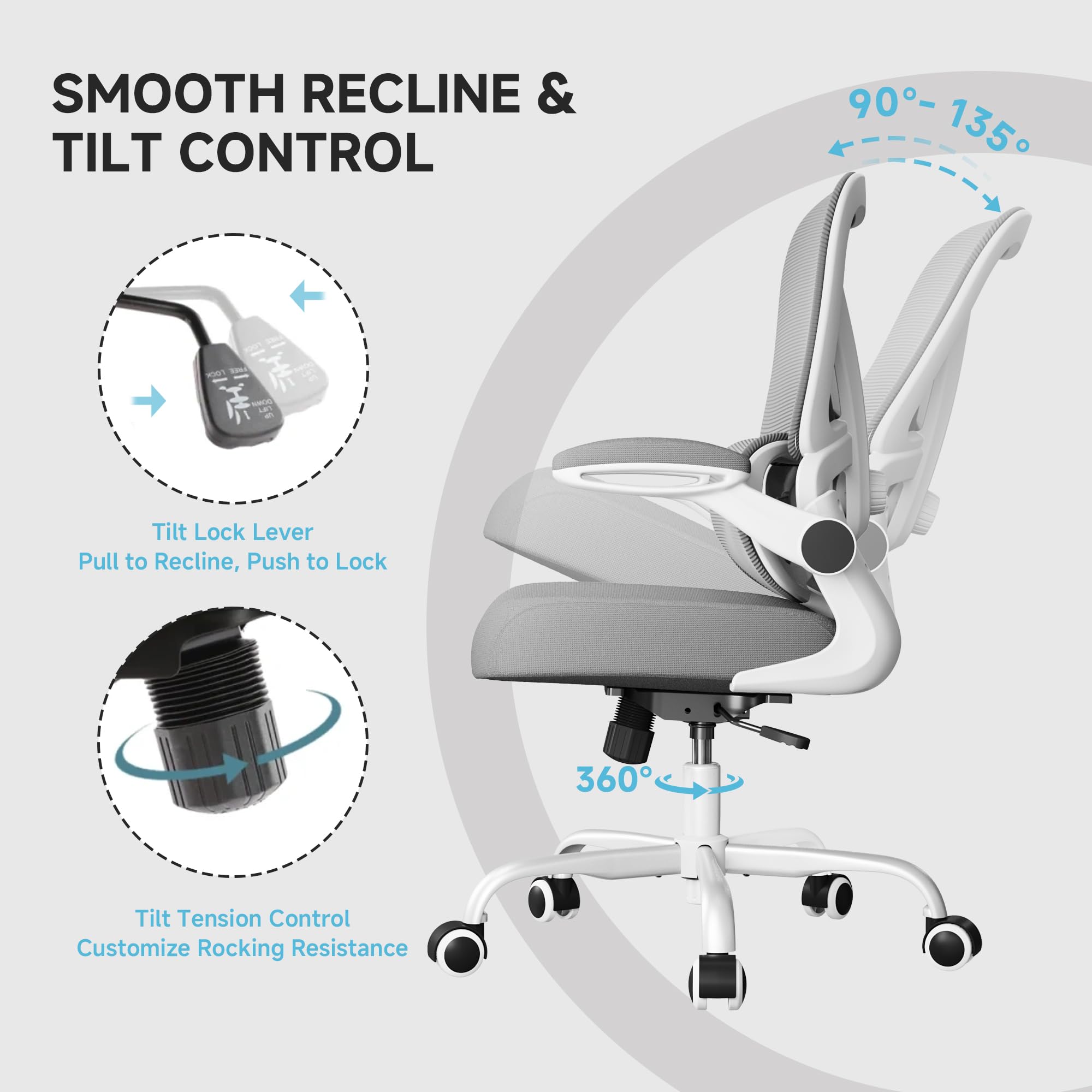 PKPT Mesh Office Chair 360-degree swivel and rubber casters glide smoothly.