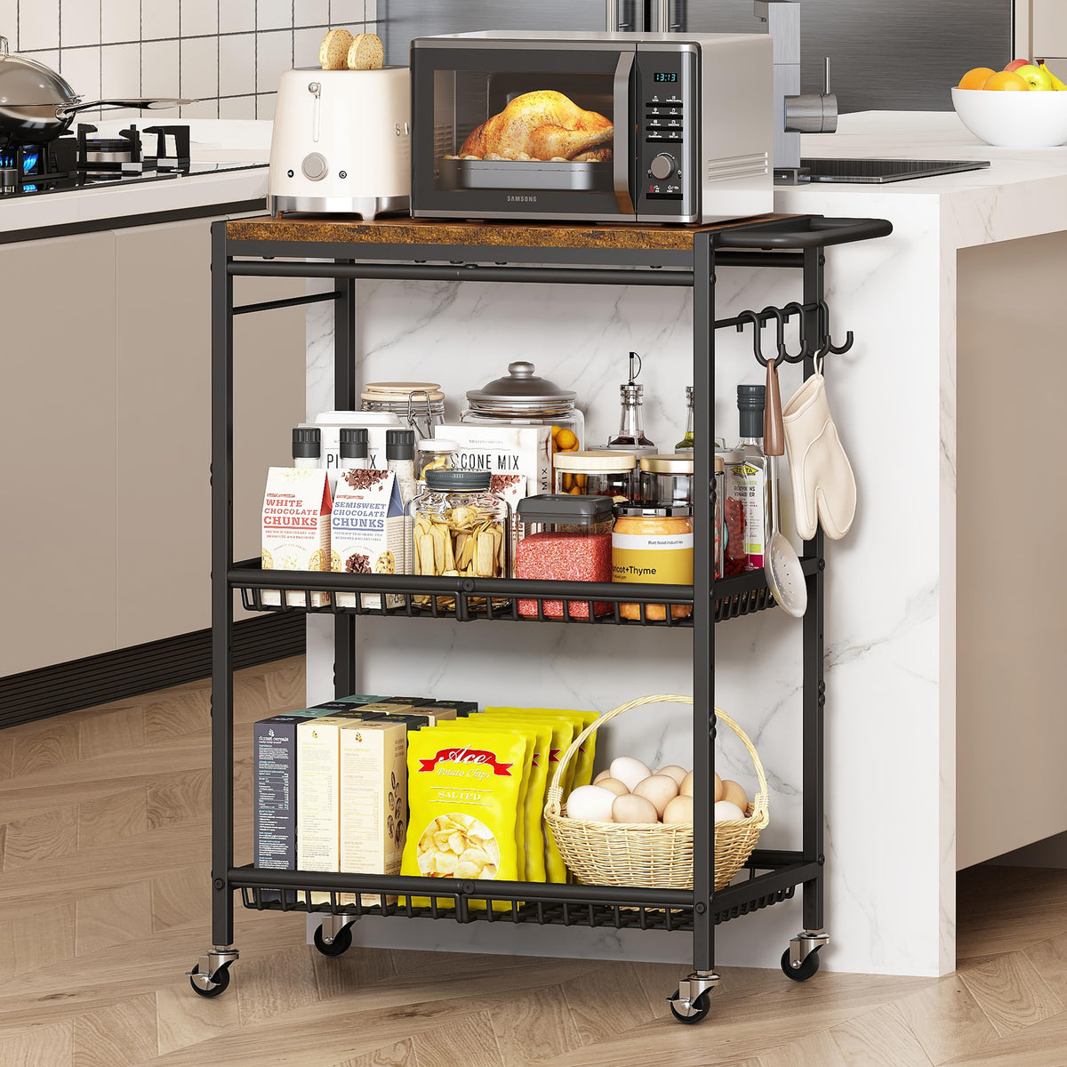 Pkuyres microwave kitchen cart with wooden top offers compact organization for busy counters
