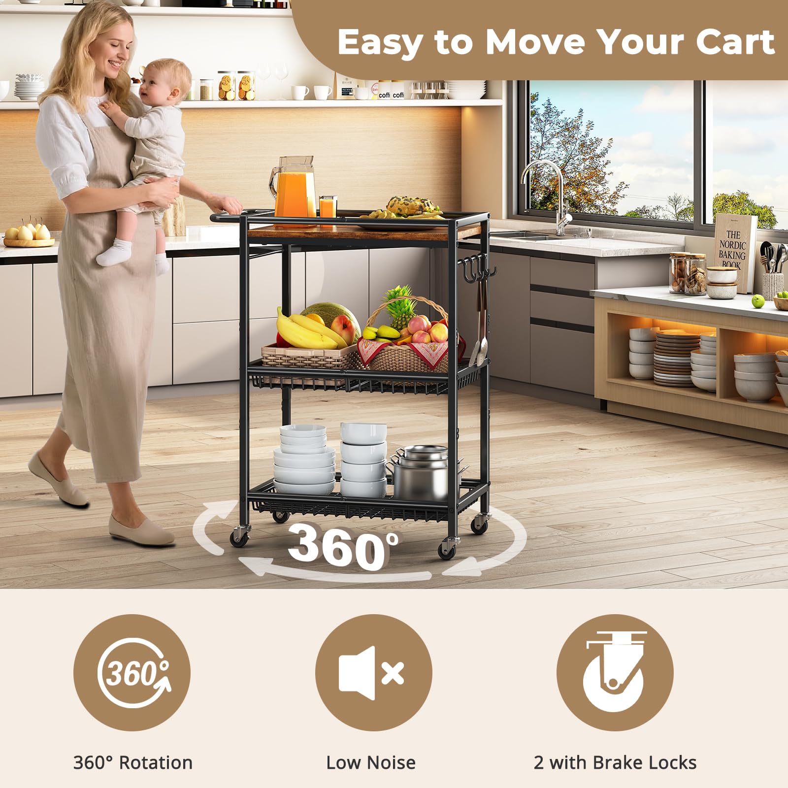 Pkuyres rolling cart shows wood top and wheels for easy repositioning