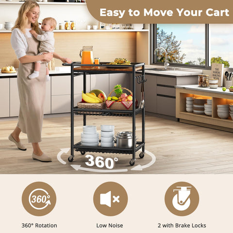 Pkuyres rolling cart shows wood top and wheels for easy repositioning