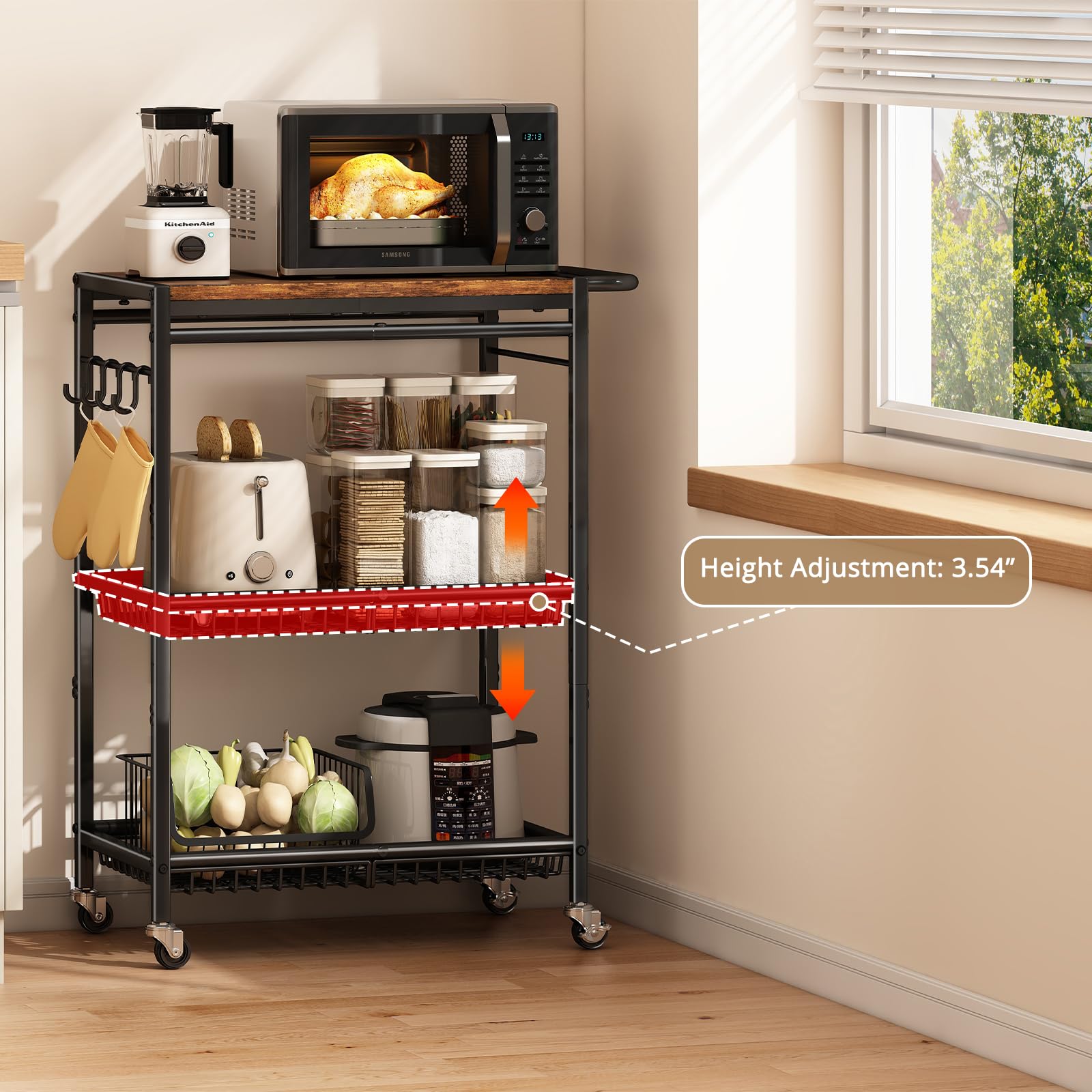Pkuyres three-tier cart with metal mesh shelves holds appliances and pantry items