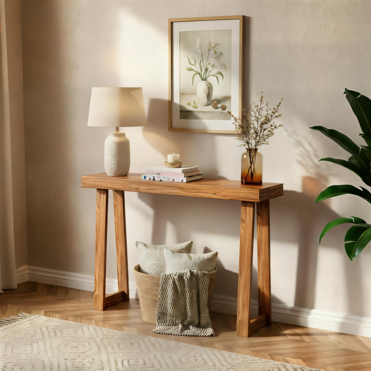 Plank+Beam console table 36-inch front view with knot-free pine and pecan finish
