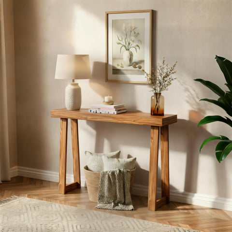 Plank+Beam console table 36-inch front view with knot-free pine and pecan finish