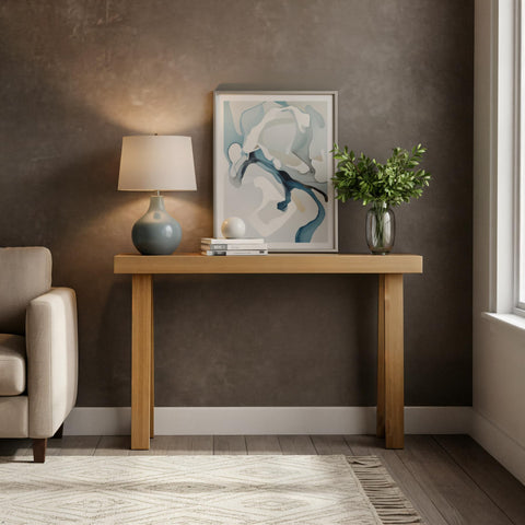 Plank+Beam console table side view highlighting slim profile for narrow spaces