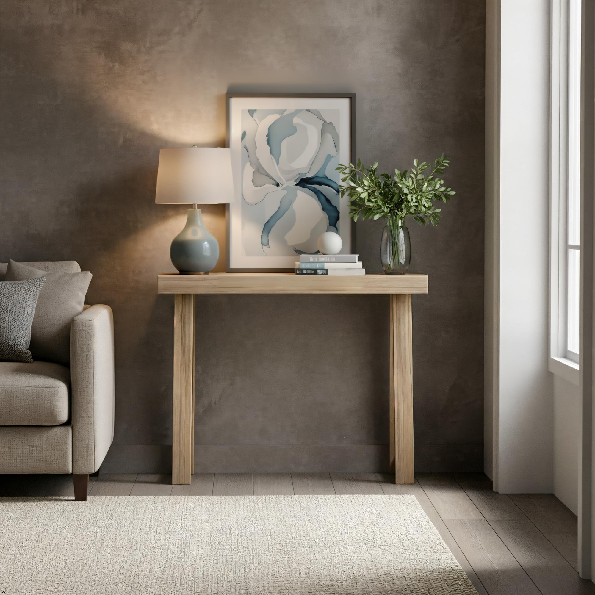Plank+Beam blonde finish console table in a neutral tone for versatile spaces.