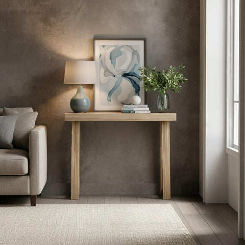 Plank+Beam blonde finish console table in a neutral tone for versatile spaces.