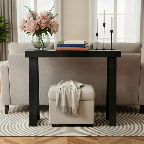Plank+Beam console table side profile emphasizes slim 12 inch depth for narrow spaces.