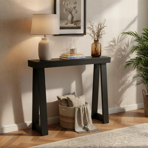 Plank+Beam solid wood console table top view shows knot-free pine and durable finish.