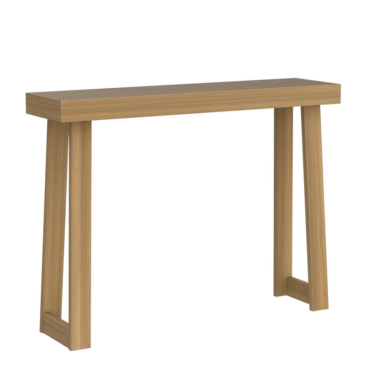 Plank+Beam living room sofa table offers versatile surface beside seating.