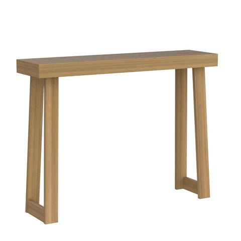 Plank+Beam living room sofa table offers versatile surface beside seating.