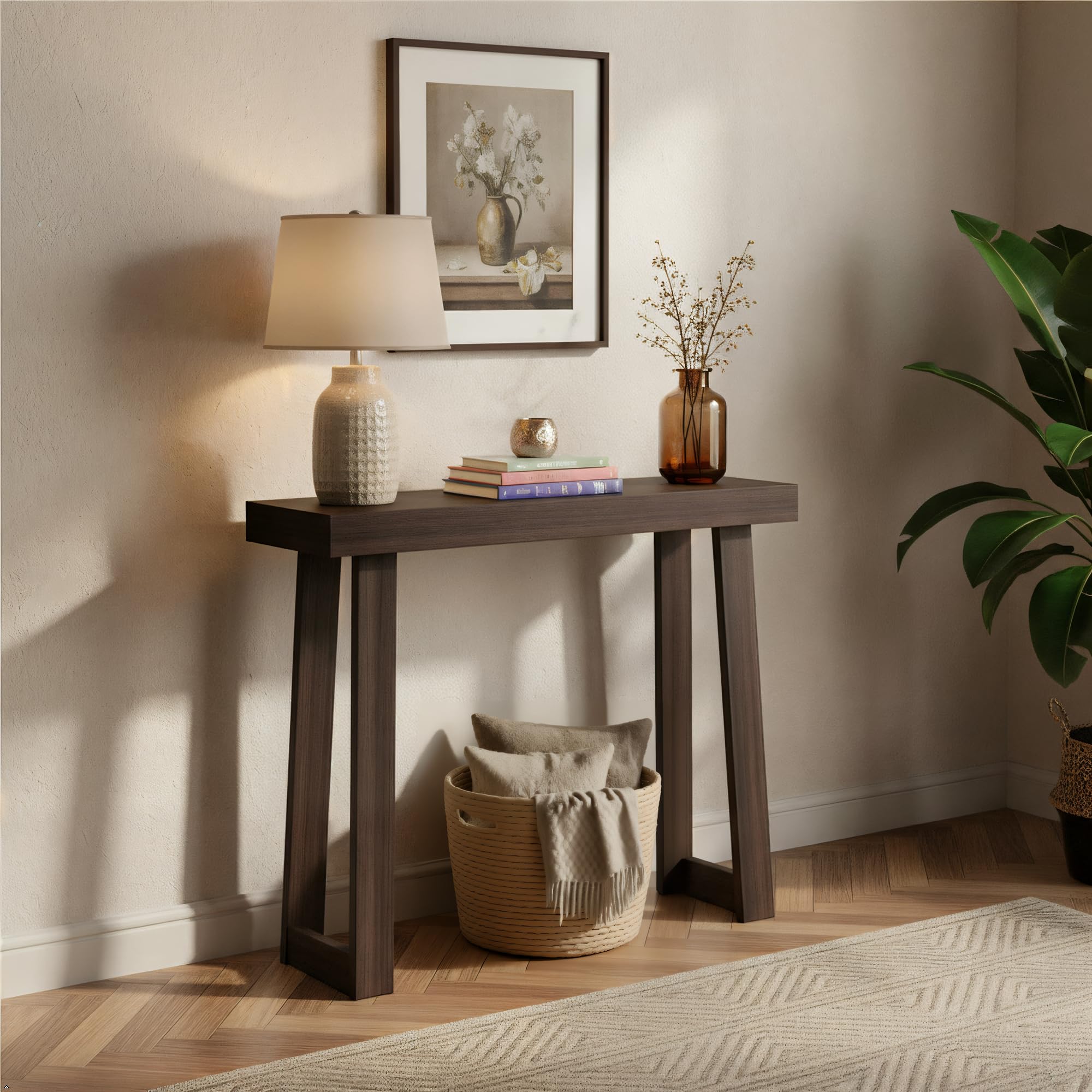Plank+Beam walnut console table front view showing knot-free pine