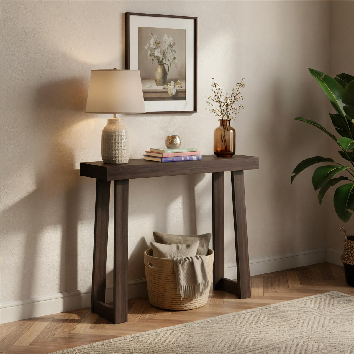 Plank+Beam walnut console table front view showing knot-free pine