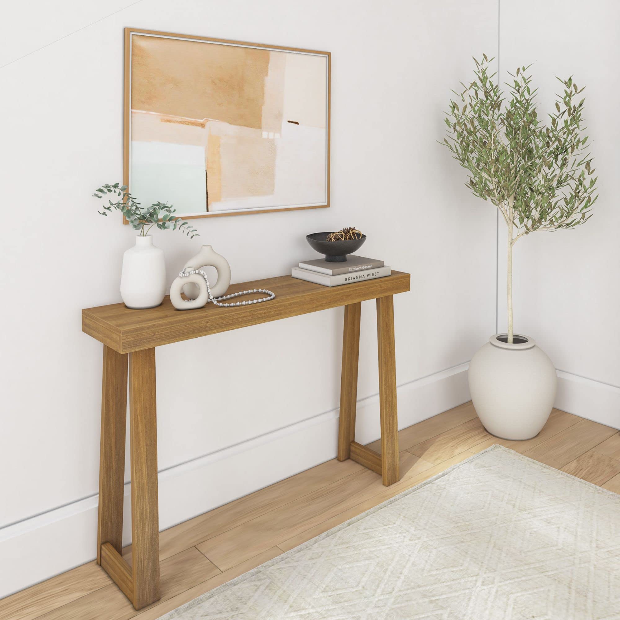 Plank+Beam solid wood console table 46-inch pecan finish for living rooms.