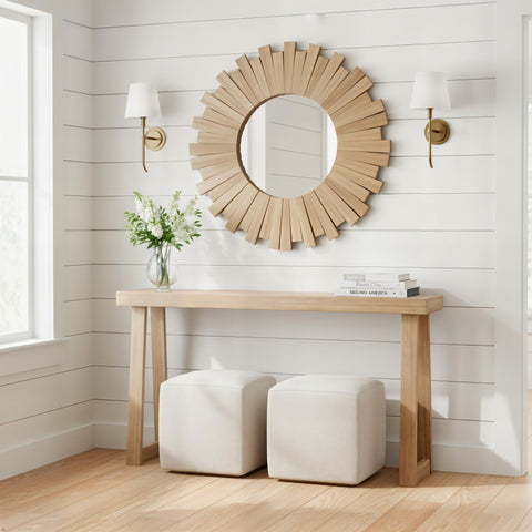 Plank+Beam solid wood console table front view in blonde finish, ideal for living room styling
