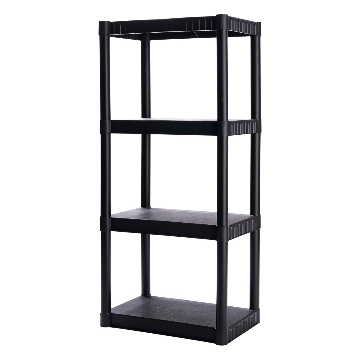 Plano 4-shelf plastic storage shelves for versatile pantry and garage organization.