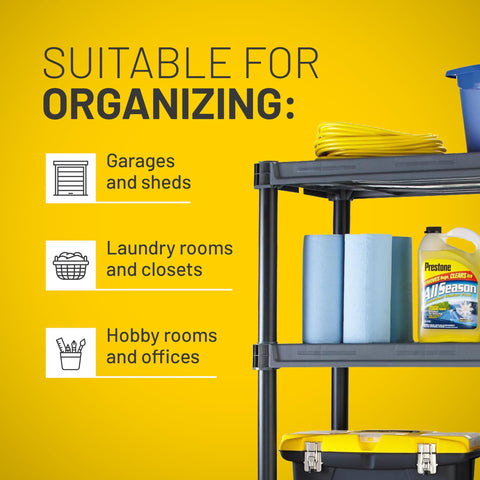 Plano 5-shelf storage shelves 1000 lb capacity demonstrated with heavy items
