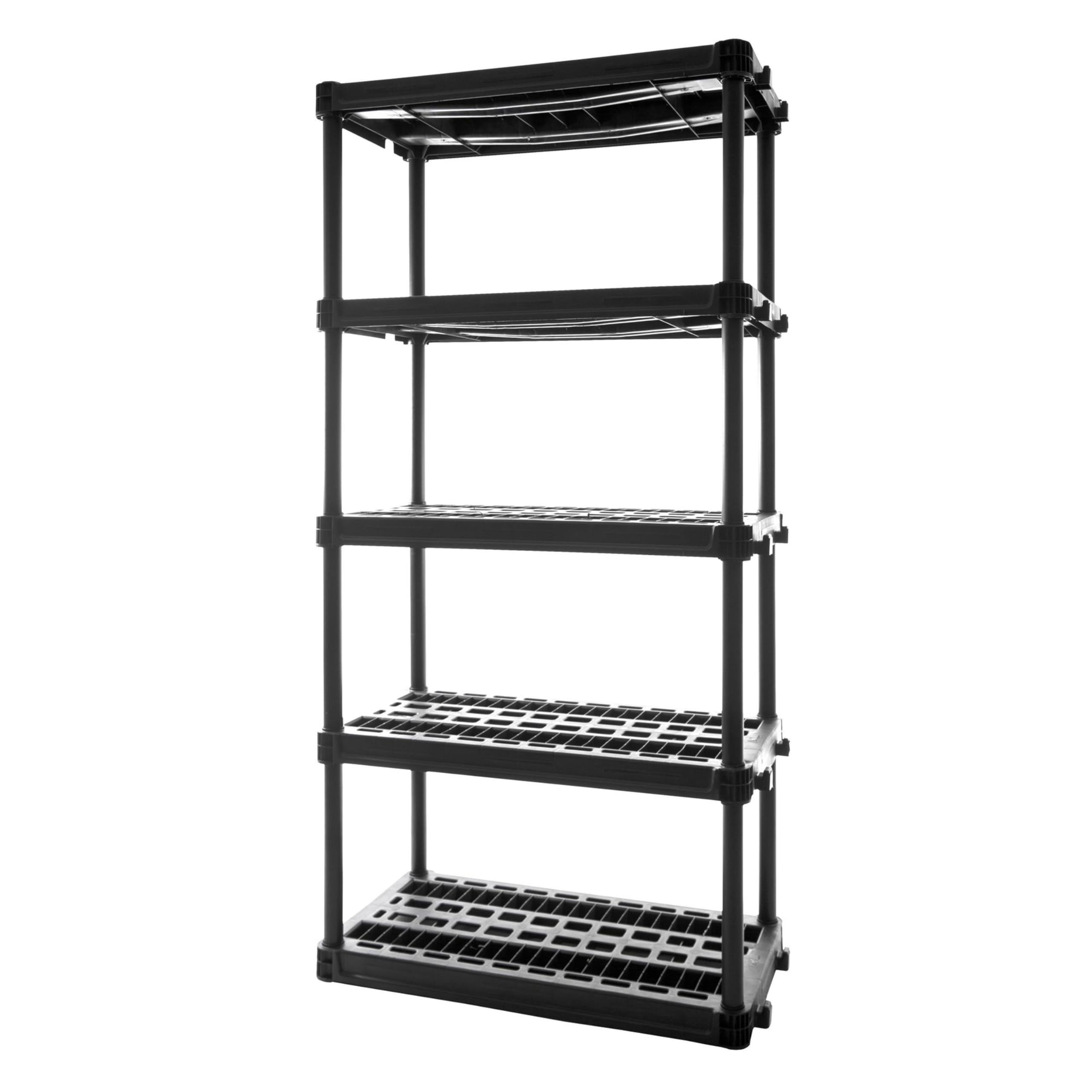 Plano 5-shelf storage shelves, front view, showcasing sturdy organization for pantry or garage.