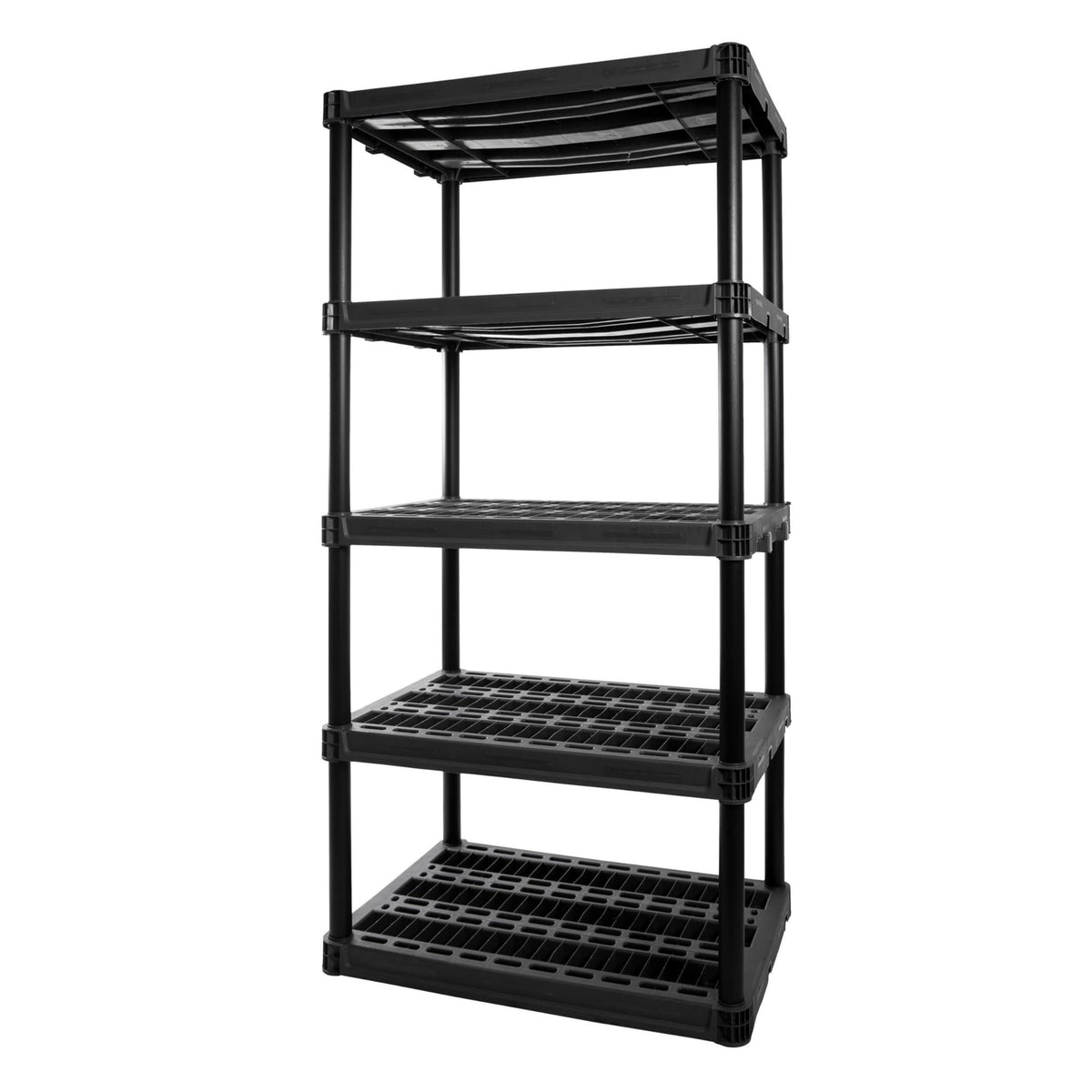 Plano 5-shelf storage shelves front view showing sturdy heavy-duty plastic design