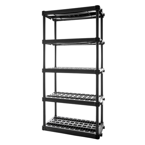 Plano 5-shelf storage shelves, front view, showcasing sturdy organization for pantry or garage.