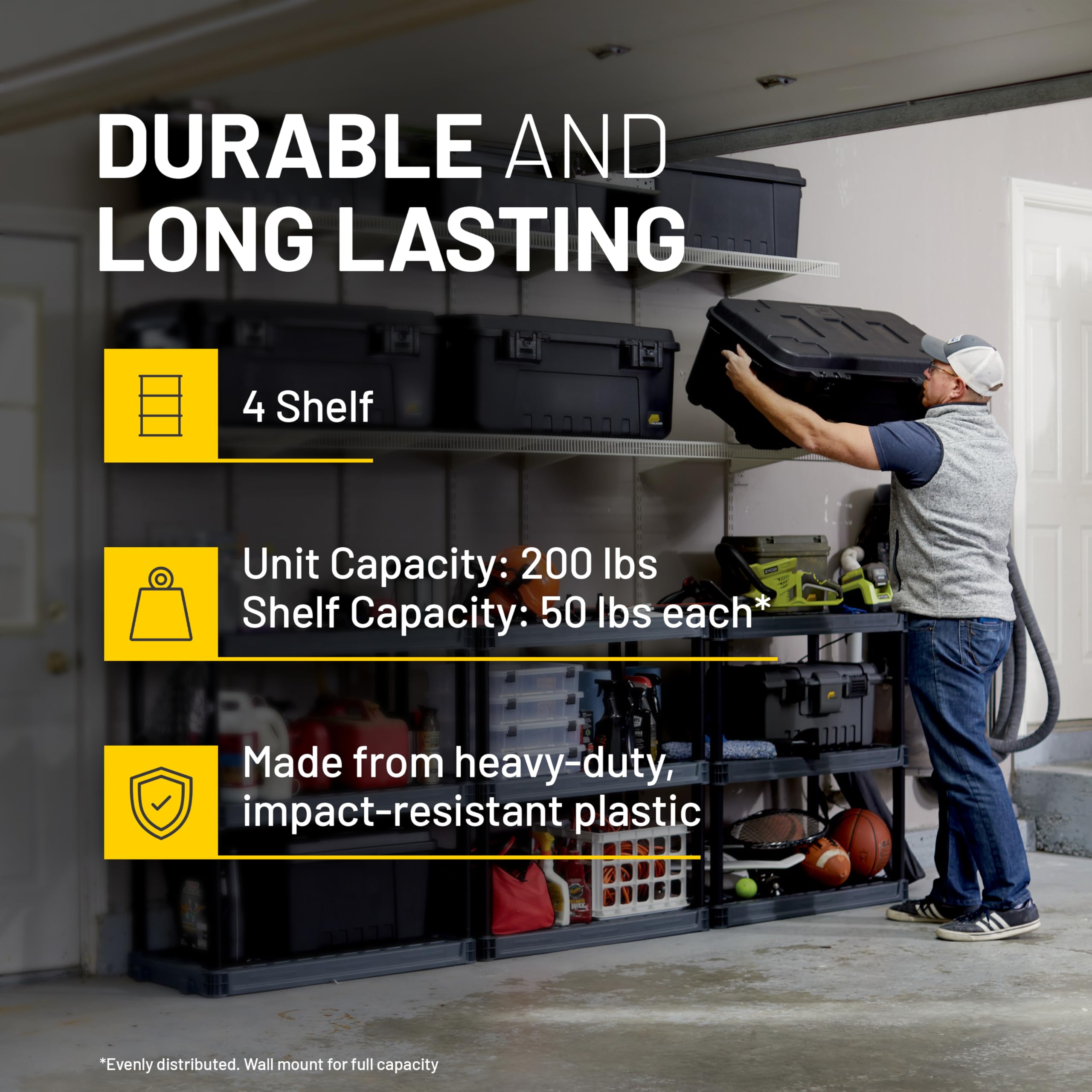 Plano plastic shelving unit assembly is tool-free for quick setup.
