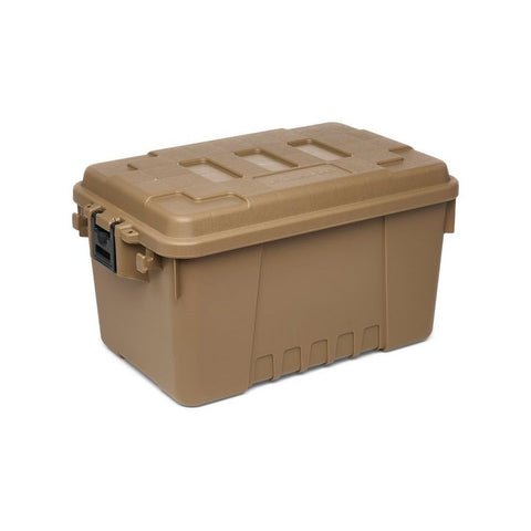 Plano Sportsman's Storage Trunk in desert tan exterior showing outdoor-ready design and organization capability.