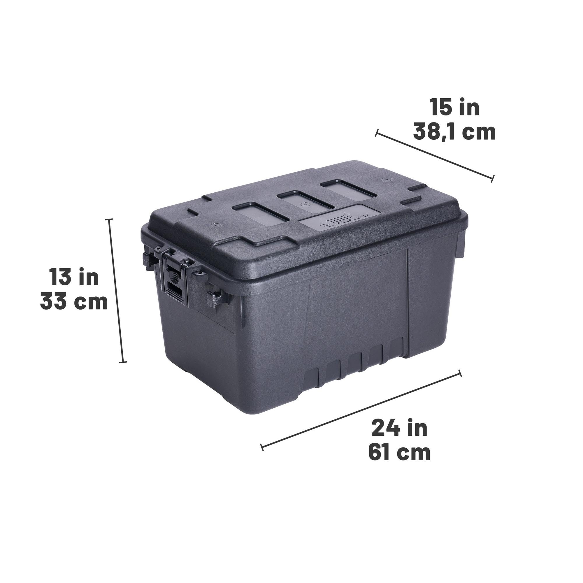 Close-up of Plano trunk lid with secure latches for weather resistance.