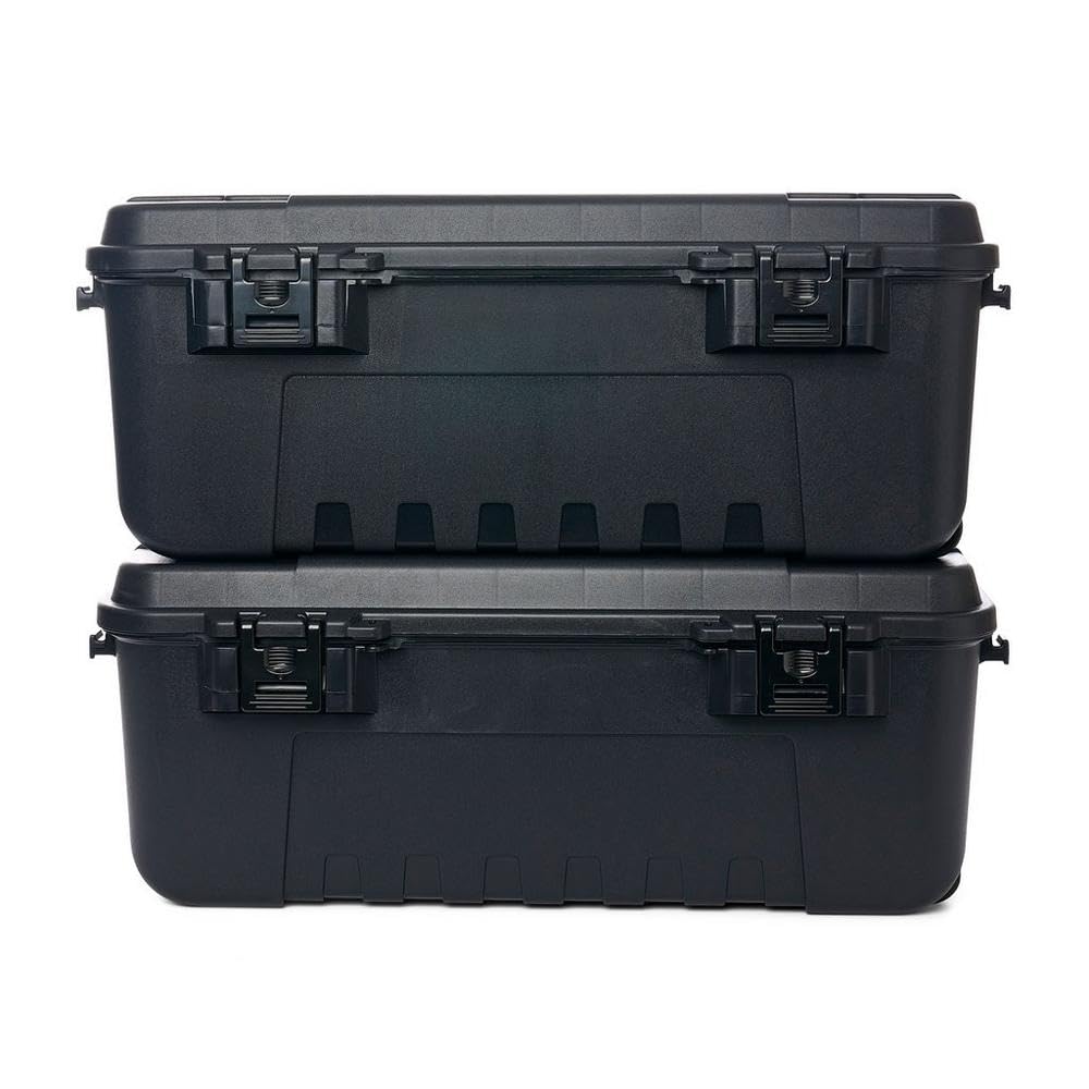 Plano Sportsmans Trunk Large Black front view shows rugged exterior for outdoor use