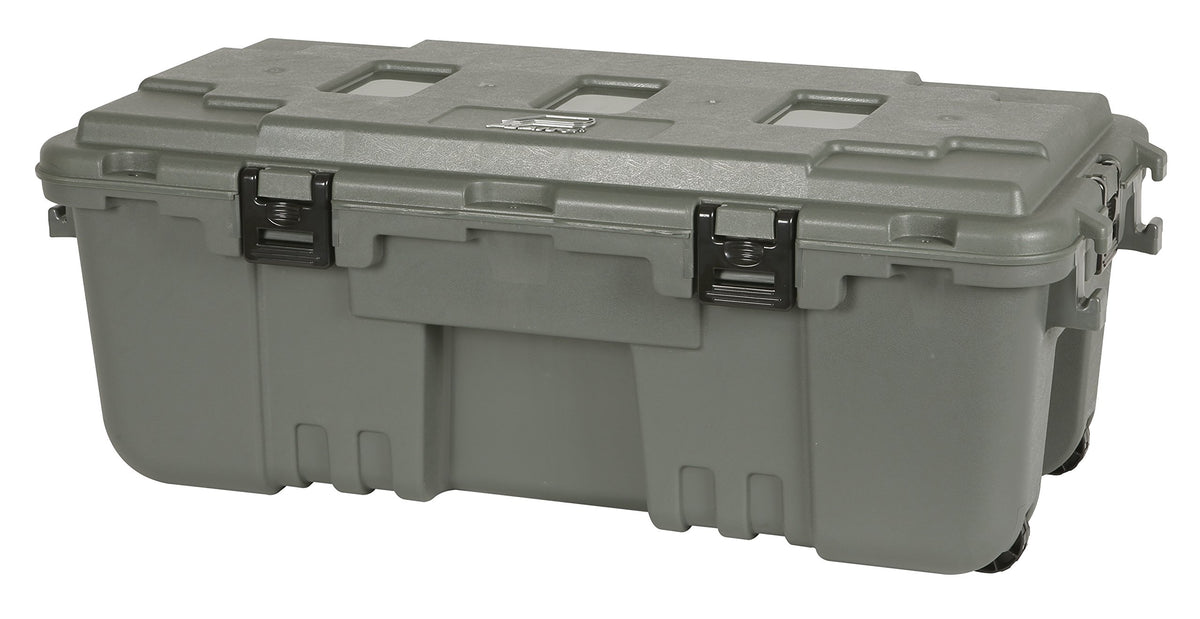 Plano Storage Trunk with wheels enables easy transport between garage and field.