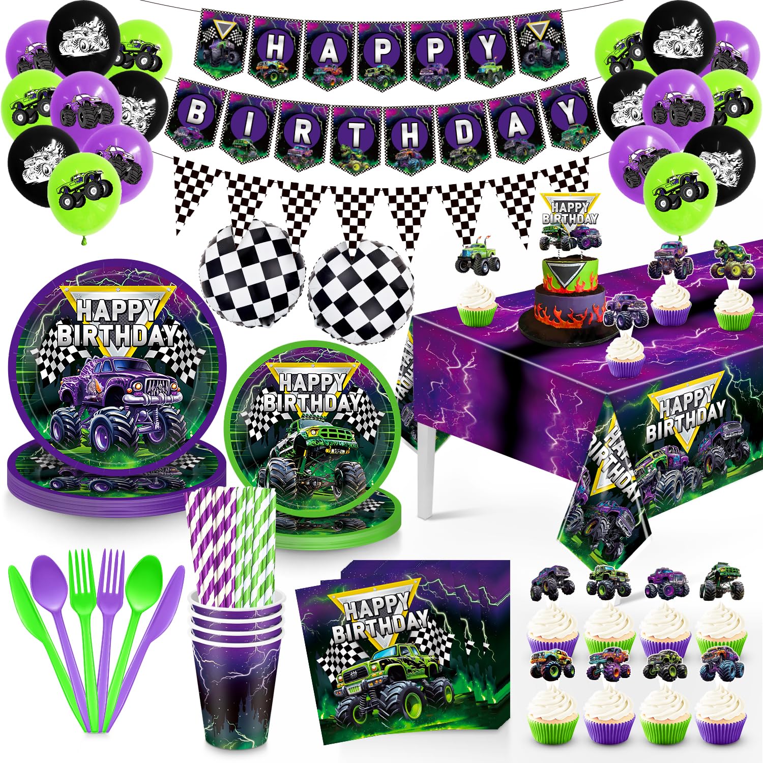 Planzivo truck birthday kit purple and green balloons brighten the party space.