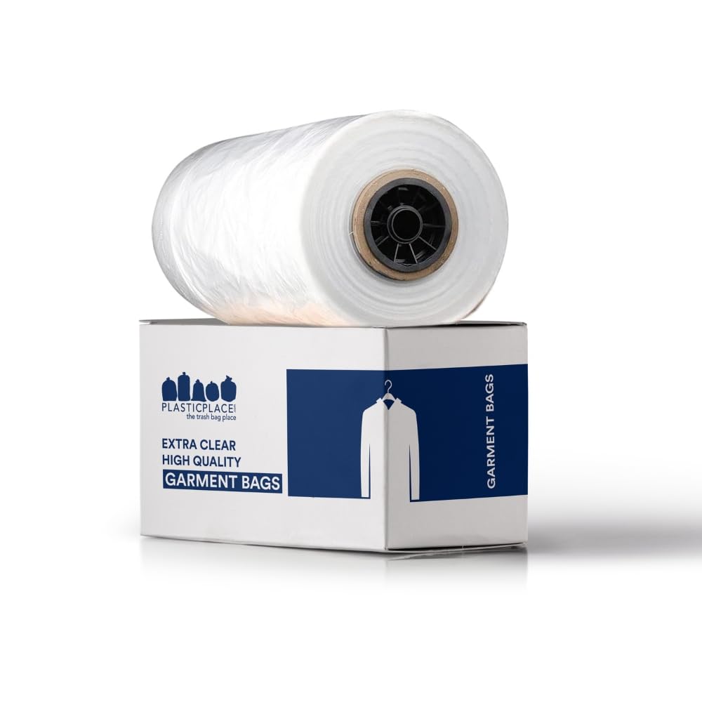 Plasticplace clear garment bags on a roll protect clothing from dust during storage.
