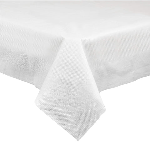 PLASTICPRO disposable tablecloth absorbent white 54x108 protects surfaces at gatherings.