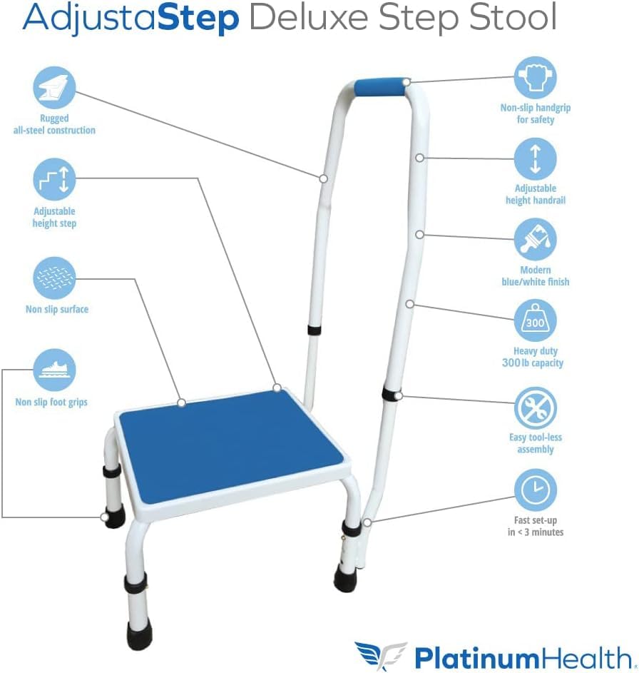 Platinum Health AdjustaStep Deluxe height adjustment shown for different tasks.