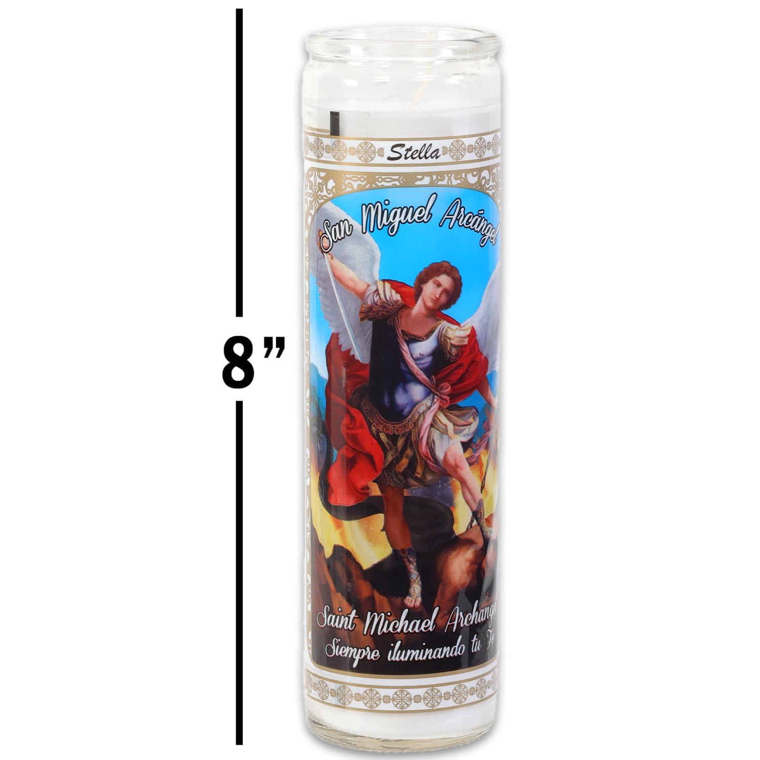 Platinum Series Saint Michael Archangel candles in glass holders, perfect for prayers and blessing ceremonies.