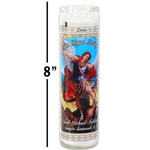 Platinum Series Saint Michael Archangel candles in glass holders, perfect for prayers and blessing ceremonies.