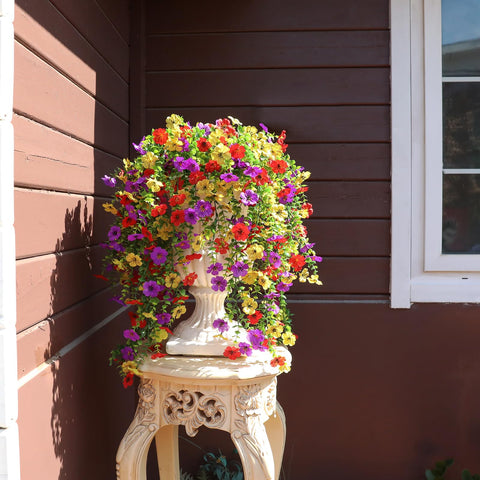 Playieer outdoor hanging-display with faux silk blooms for balcony decor.