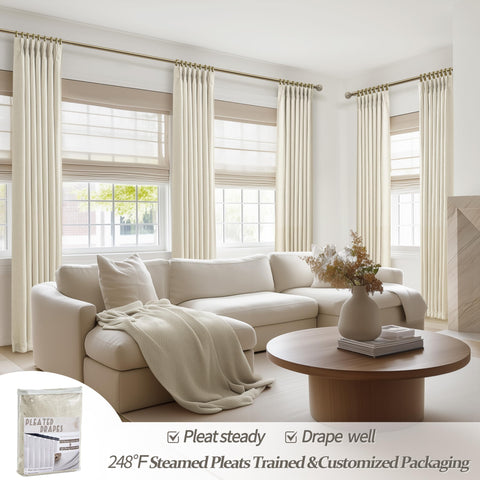 PleatedDrapes back tab mounting option demonstrated on a modern curtain rod