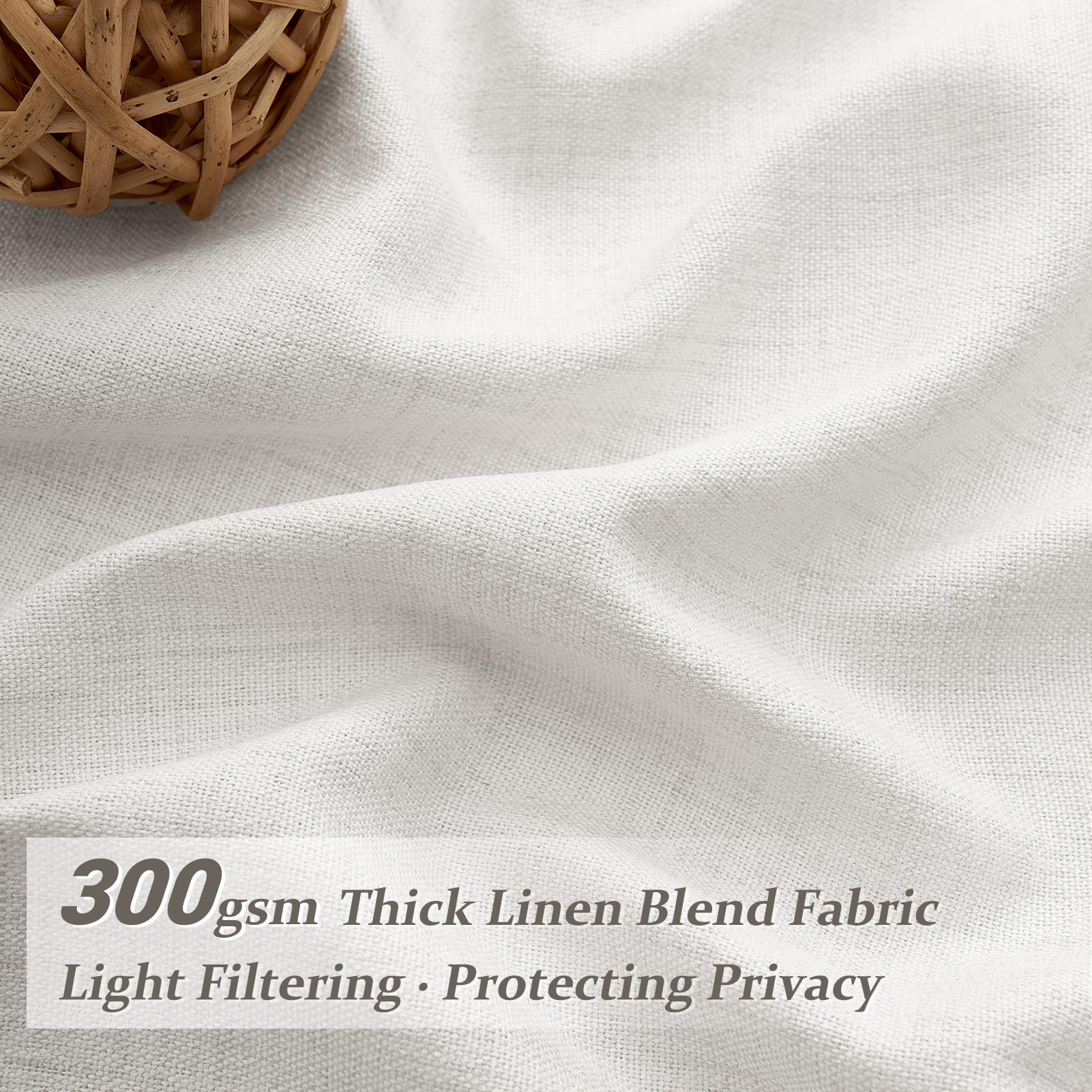 Close-up of PleatedDrapes beige-white sheer linen curtains in a bright living room.