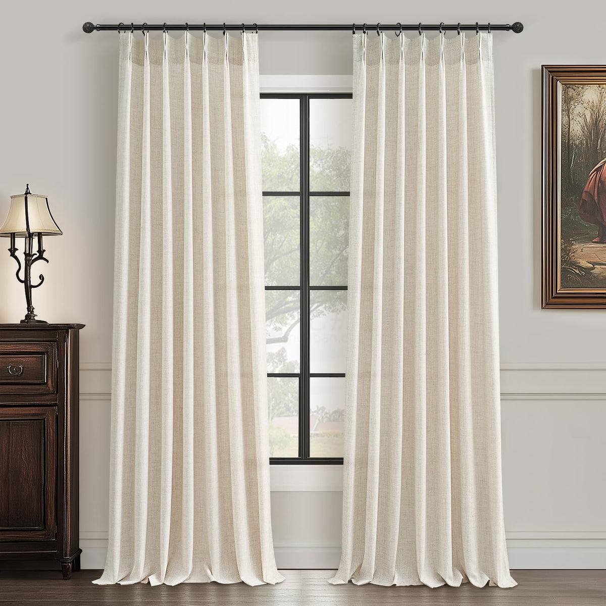 PleatedDrapes cream ivory faux linen texture curtain front view enhances privacy and style