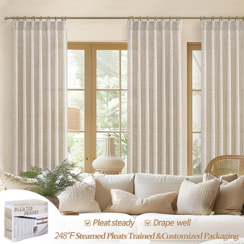 PleatedDrapes cream oatmeal curtains blending into dining and living spaces.