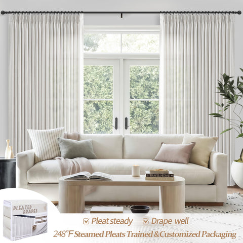 PleatedDrapes 40-inch by 96-inch panels cover wide windows with softened light.