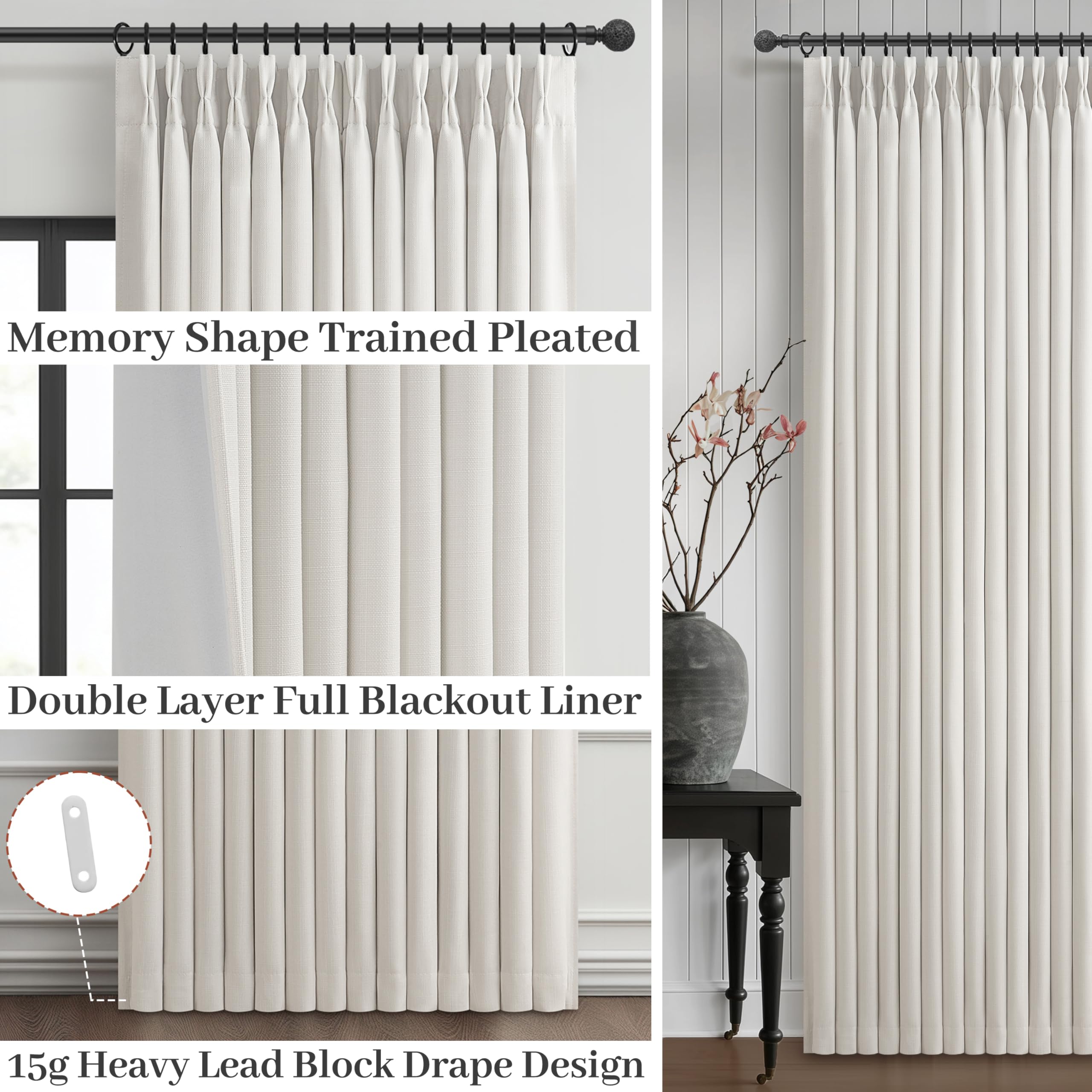 PleatedDrapes 400gsm linen blend fabric texture highlighting luxurious drape and noise reduction